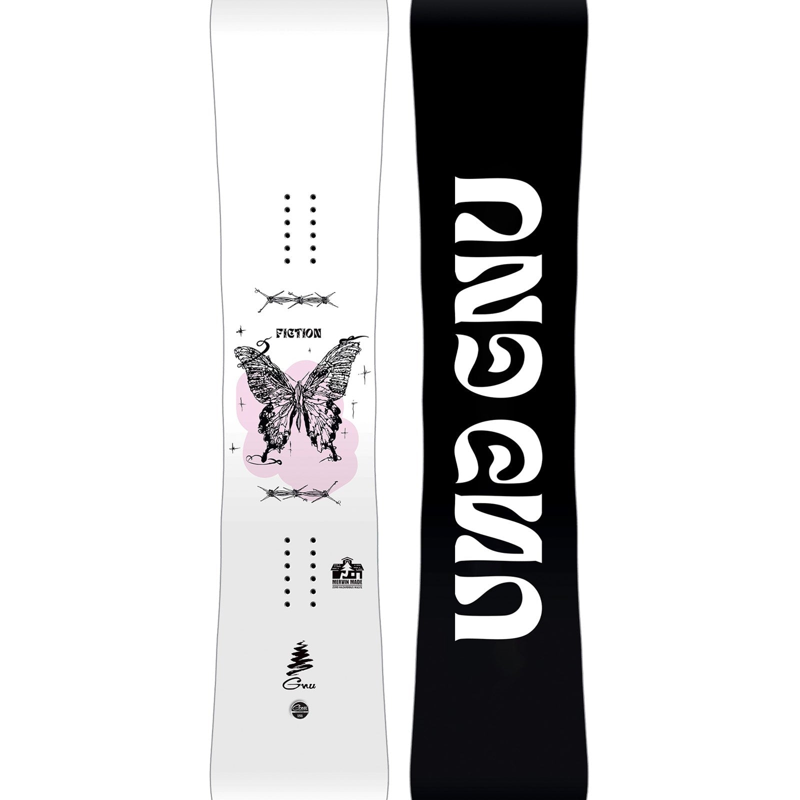GNU Fiction women's snowboard 2026/27, graphic shown, directional twin with Banana rocker