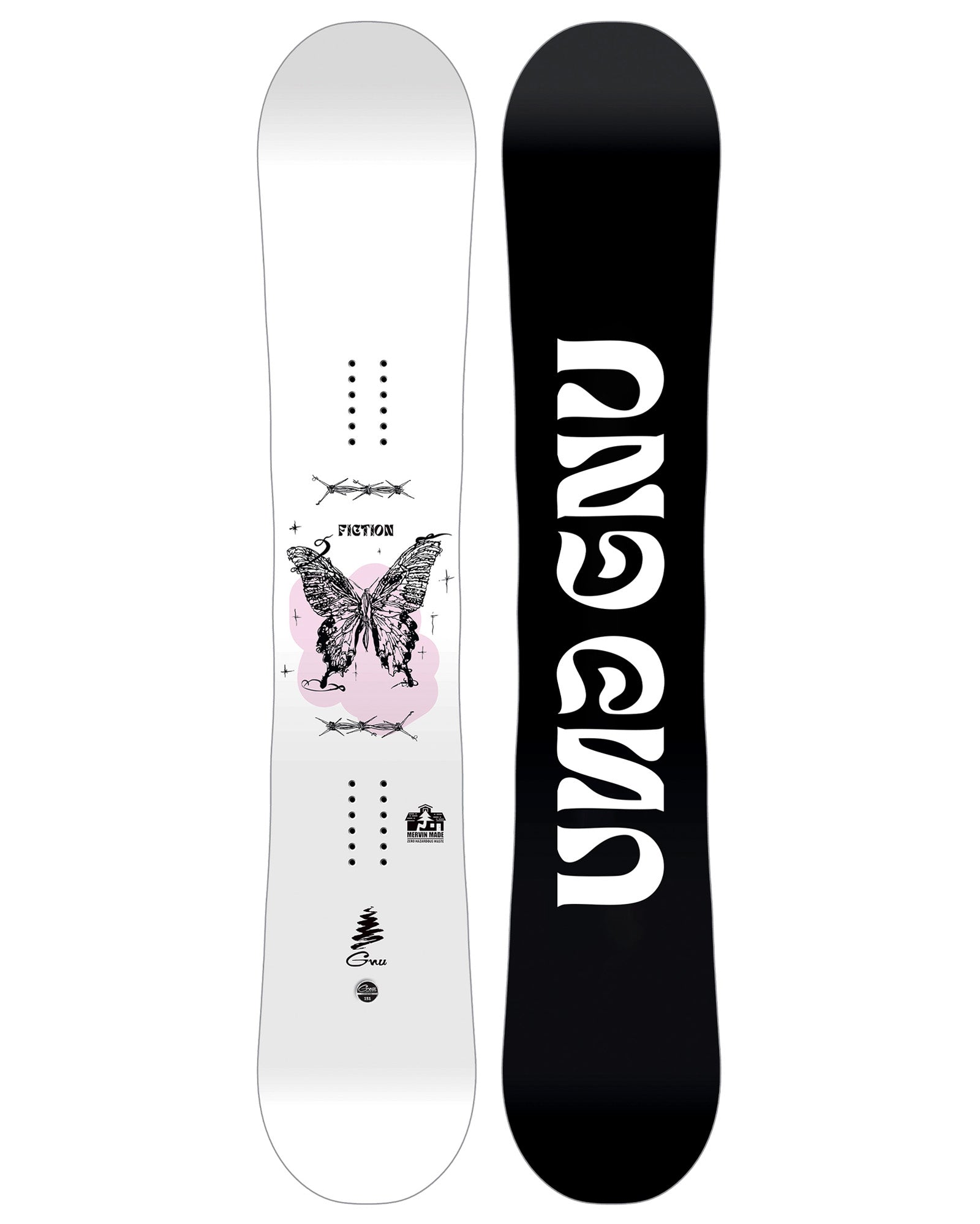 GNU Fiction women's snowboard 2026/27, graphic shown, directional twin with Banana rocker