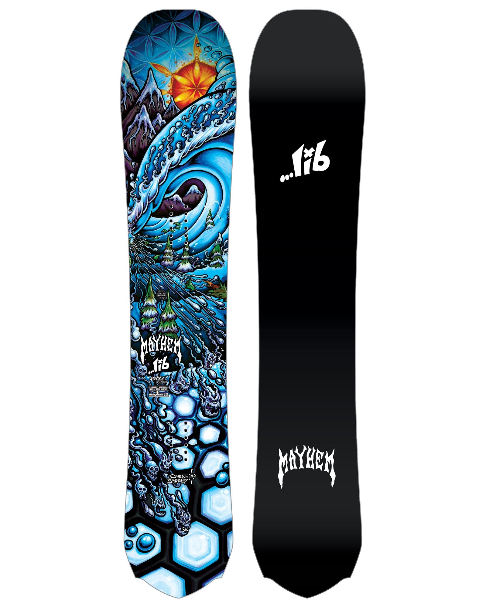 Lib Tech x Lost Mayhem Rocket snowboard 2026/27, topsheet graphic, set-back camber directional board