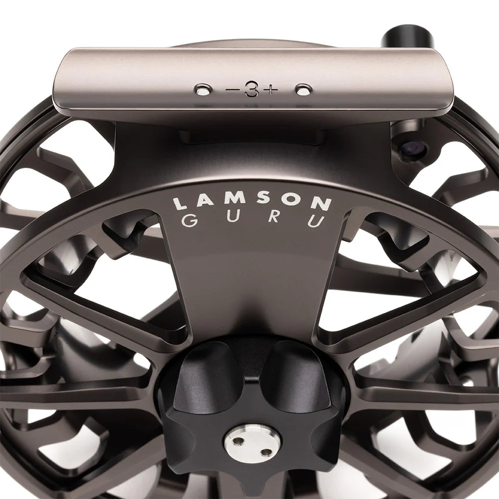 Close-up of Lamson Guru E Fly Reel available at Angles Sports